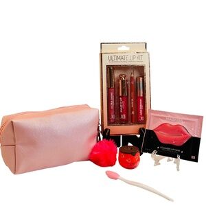 KISS AND GLAM UP COSMETIC BAG METALLIC PINK WITH POM POM